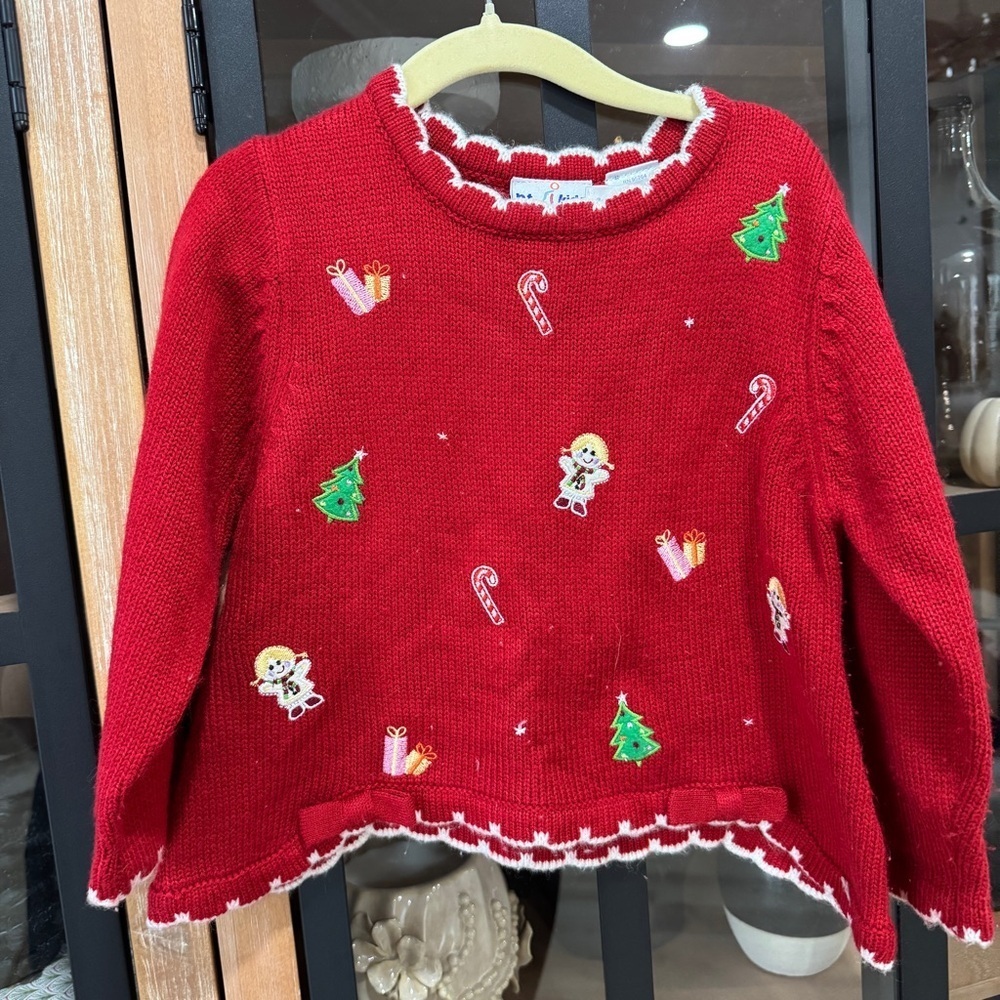 Vintage Christmas knit sweater embroidered toddler girl holidays bows candy cane - Picture 6 of 8
